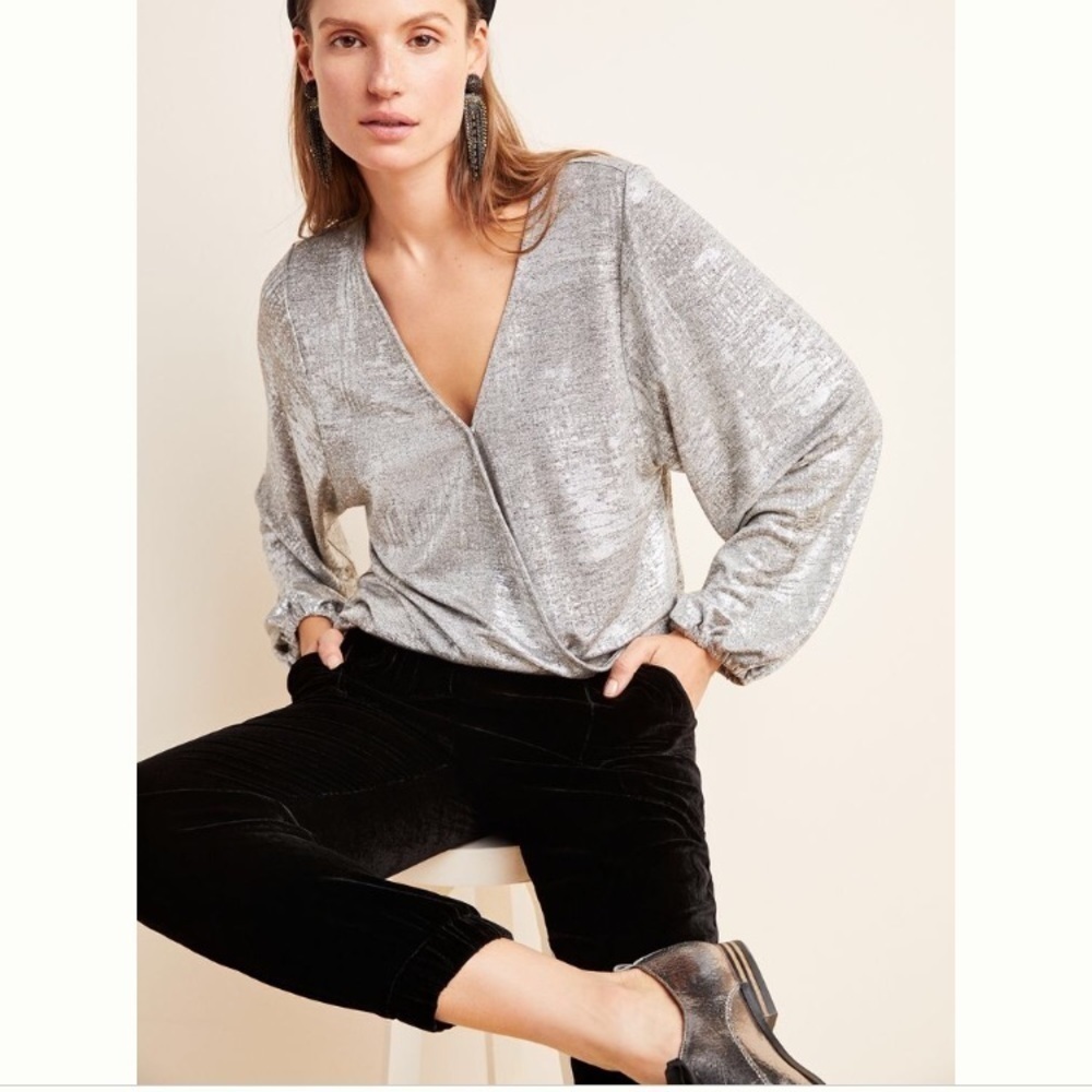 NWT Anthropologie Silver Faux Wrap Top